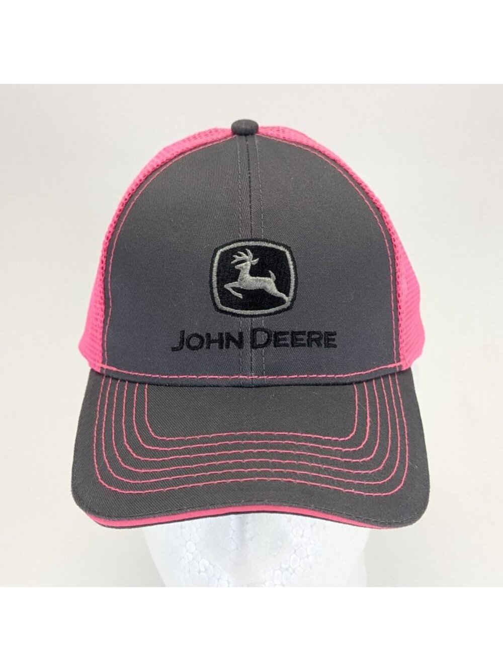 John Deere Womens Trucker Hat Pink Gray Embroidered Logo Mesh Back Cap